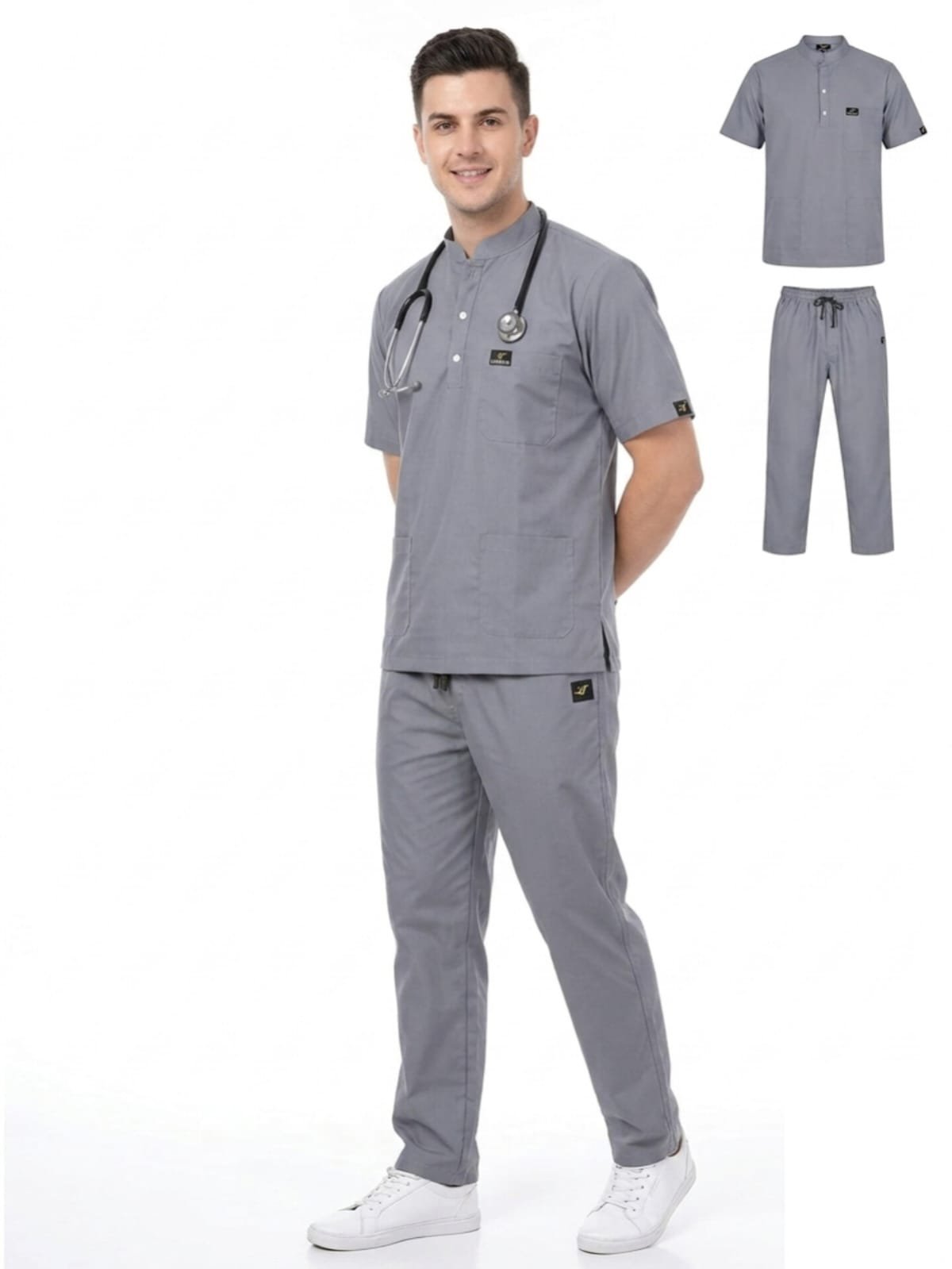 Medical Scrub Suit for Doctors, Chinese Collar, Grey Colour - Image 12