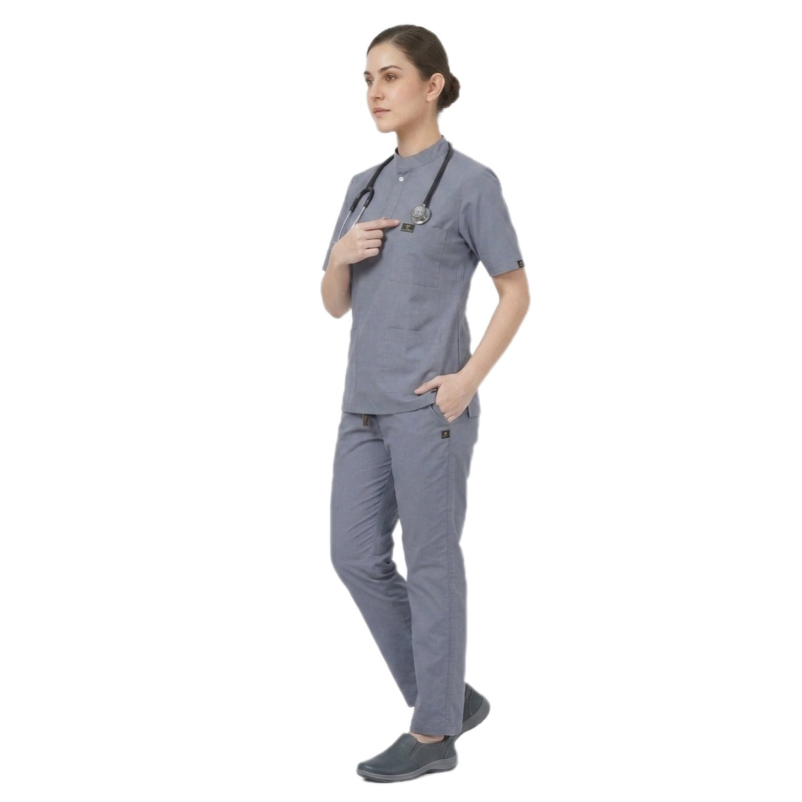 Women's Medical Scrub Suit for Doctors, Grey, Mandarin Collar - Image 2