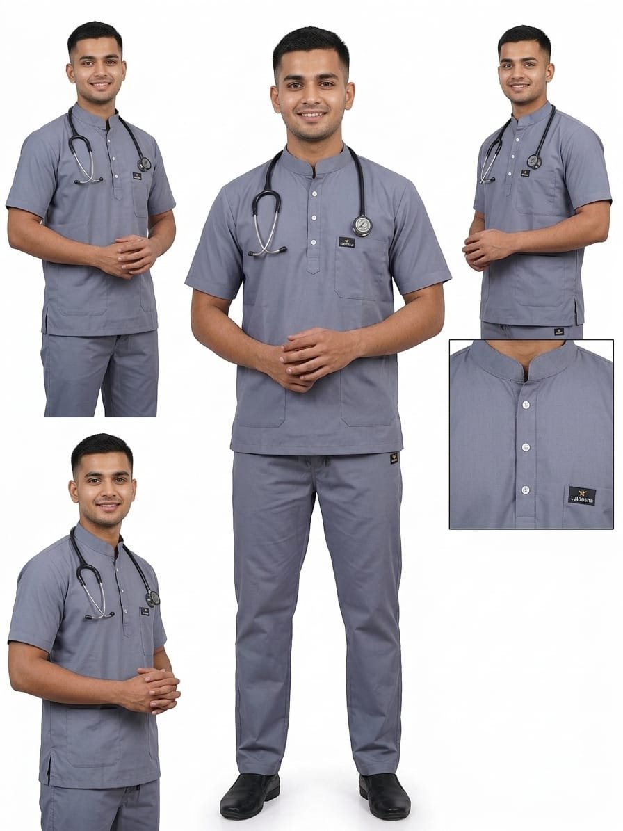 Medical Scrub Suit for Doctors, Chinese Collar, Grey Colour - Image 8