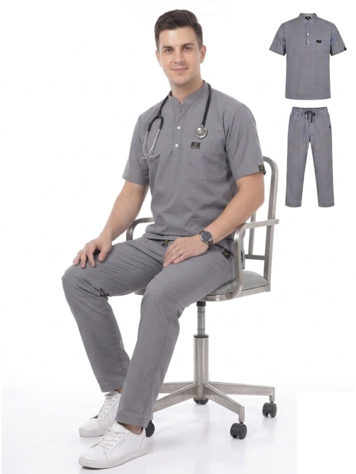Medical Scrub Suit for Doctors, Chinese Collar, Grey Colour - Image 10
