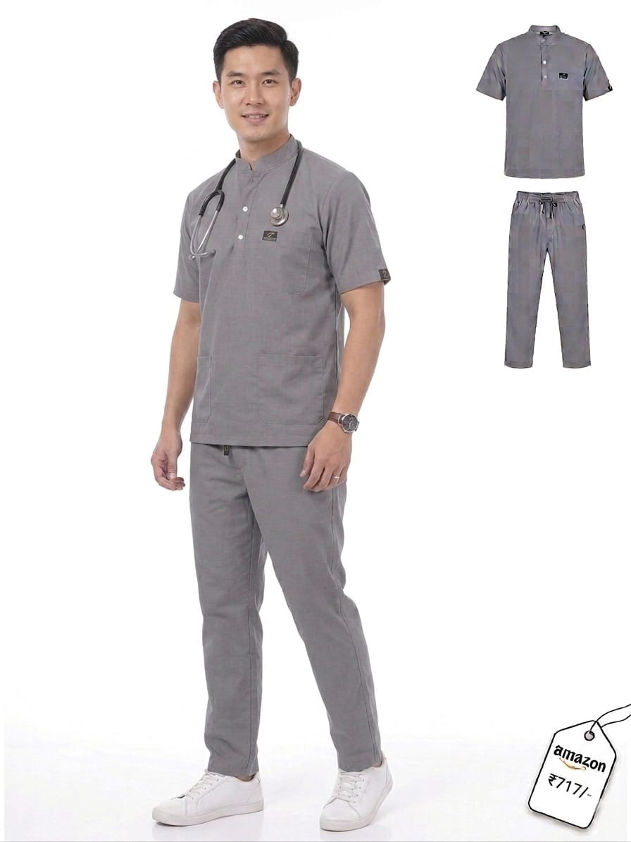 Medical Scrub Suit for Doctors, Chinese Collar, Grey Colour - Image 11