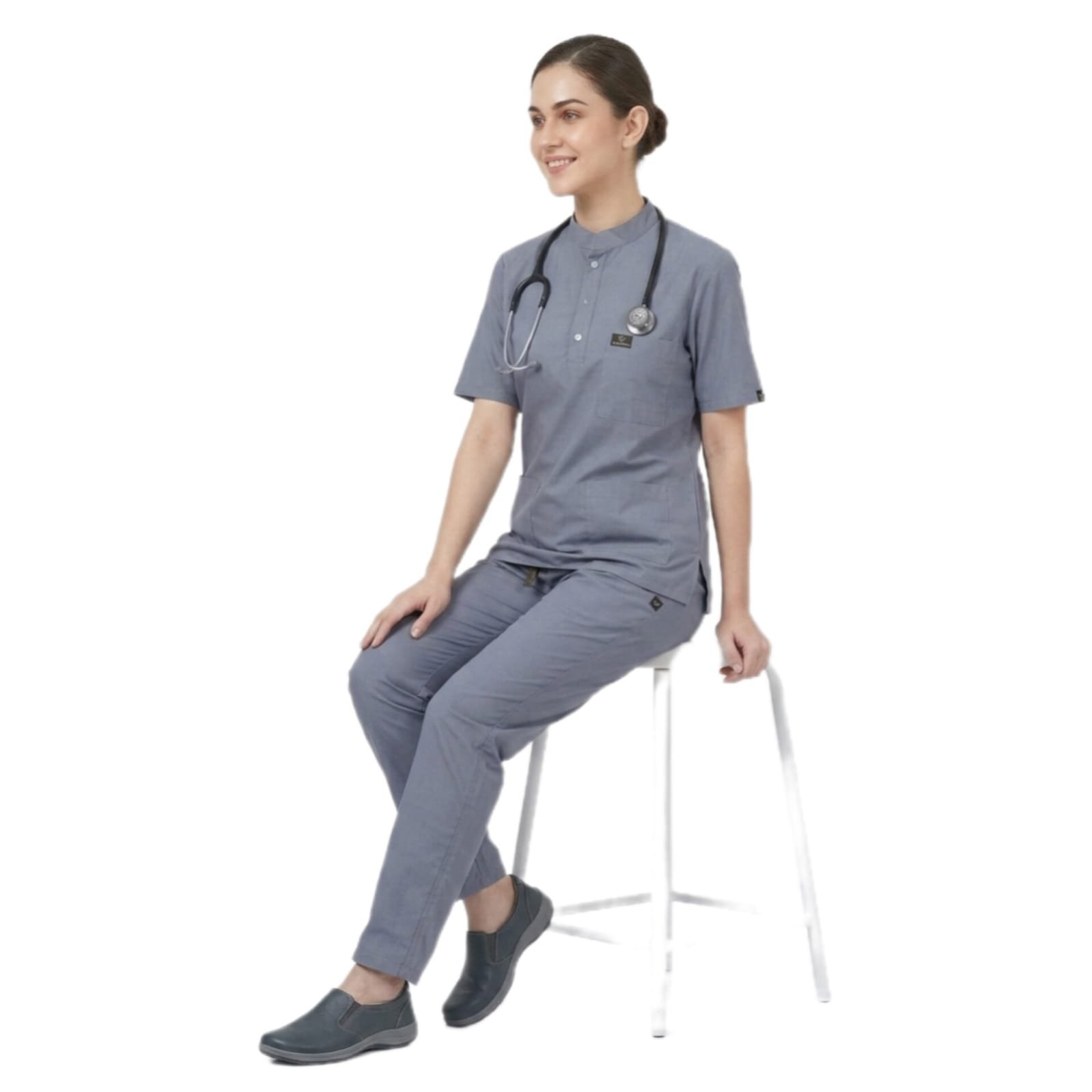 Women's Medical Scrub Suit for Doctors, Grey, Mandarin Collar - Image 3