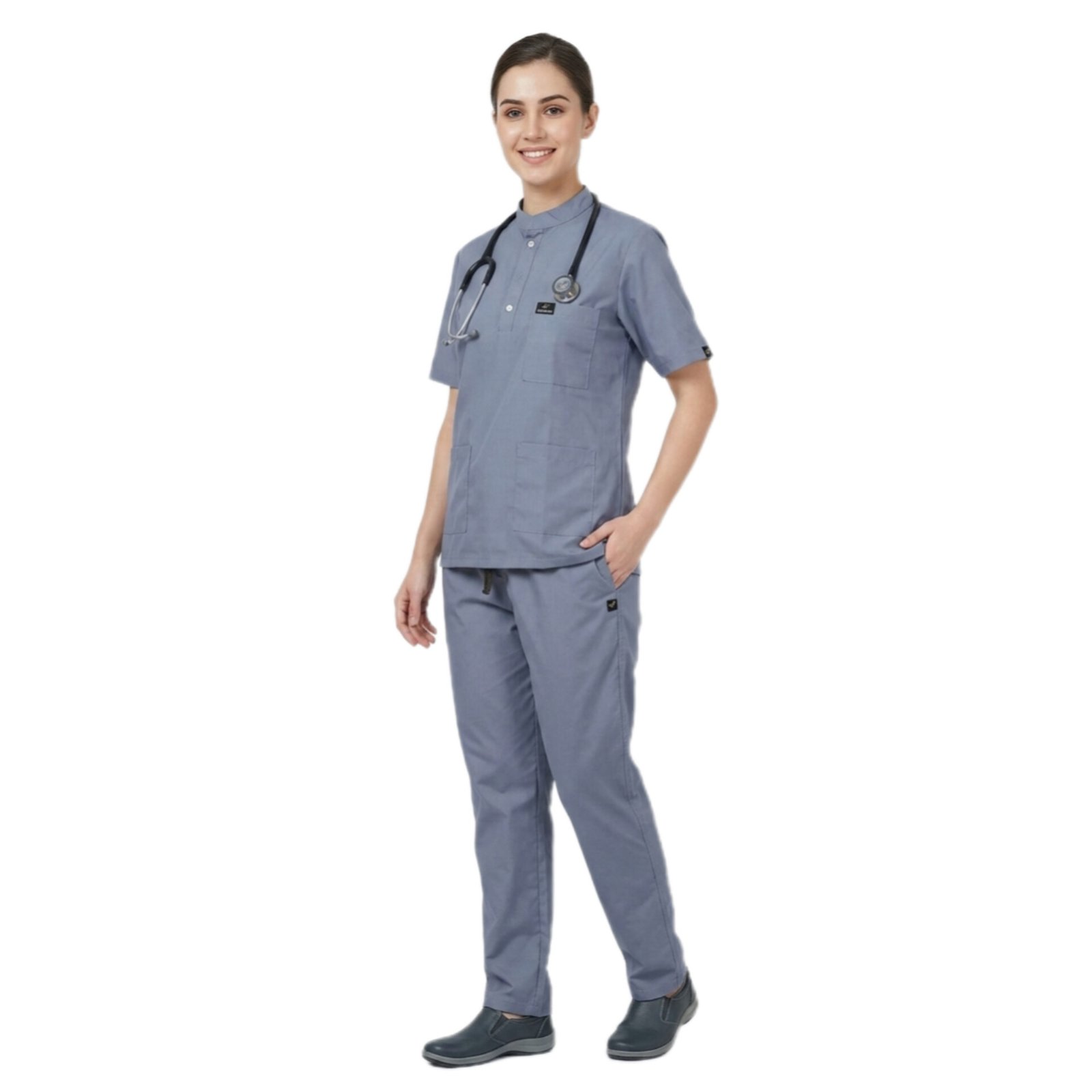 Women's Medical Scrub Suit for Doctors, Grey, Mandarin Collar - Image 4