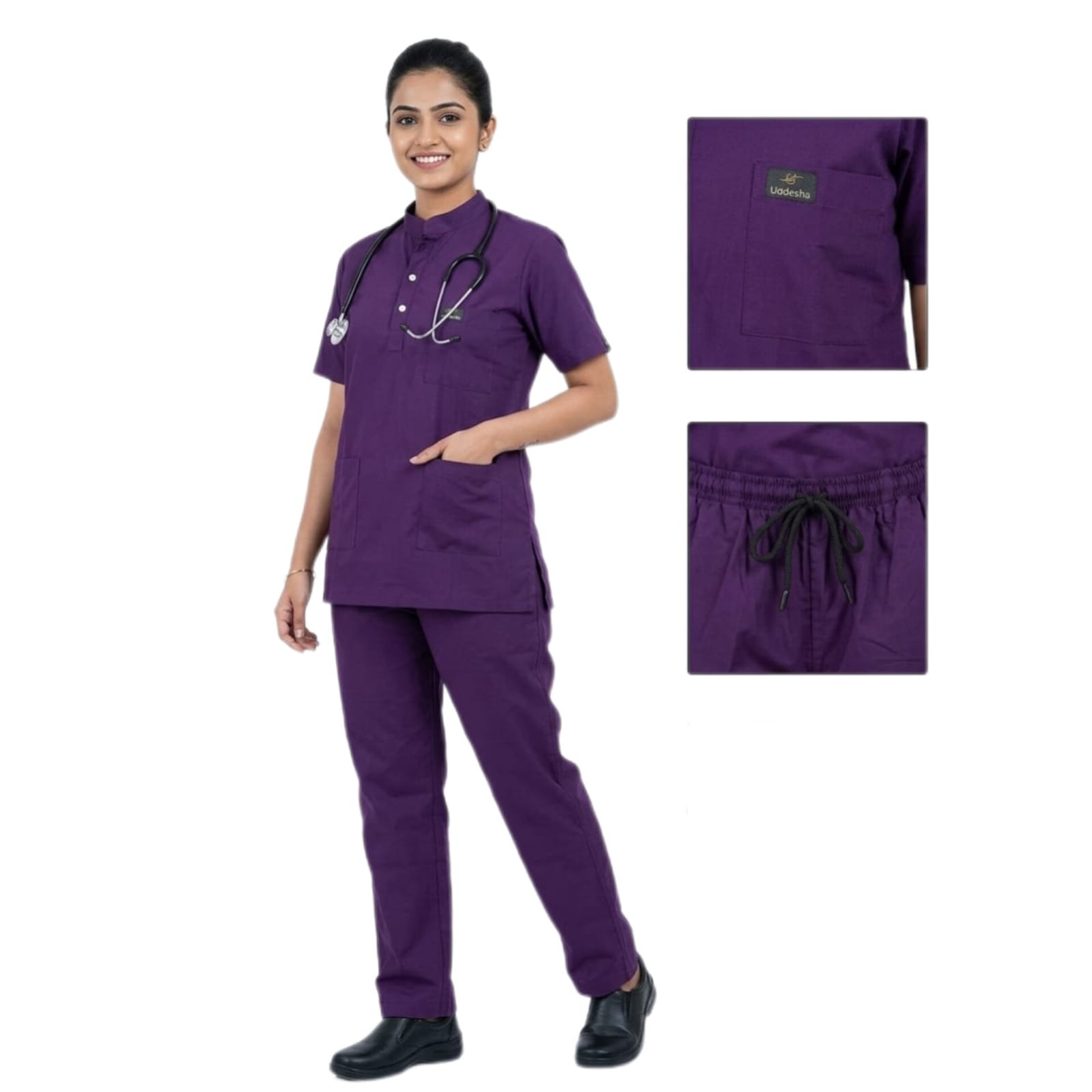 Women's Medical Scrub Suit for Doctors, Purple Wine, Short Sleeve, Breathable - Image 9