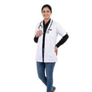 Women's Half Sleeve Medical Apron, White, Doctor Lab Coat with Front Pockets