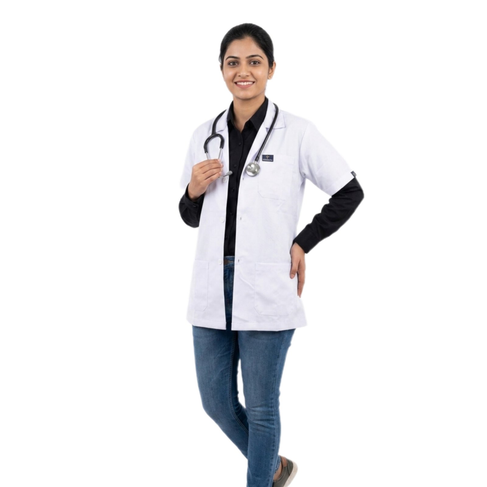 Women's Half Sleeve Medical Apron, White, Doctor Lab Coat with Front Pockets