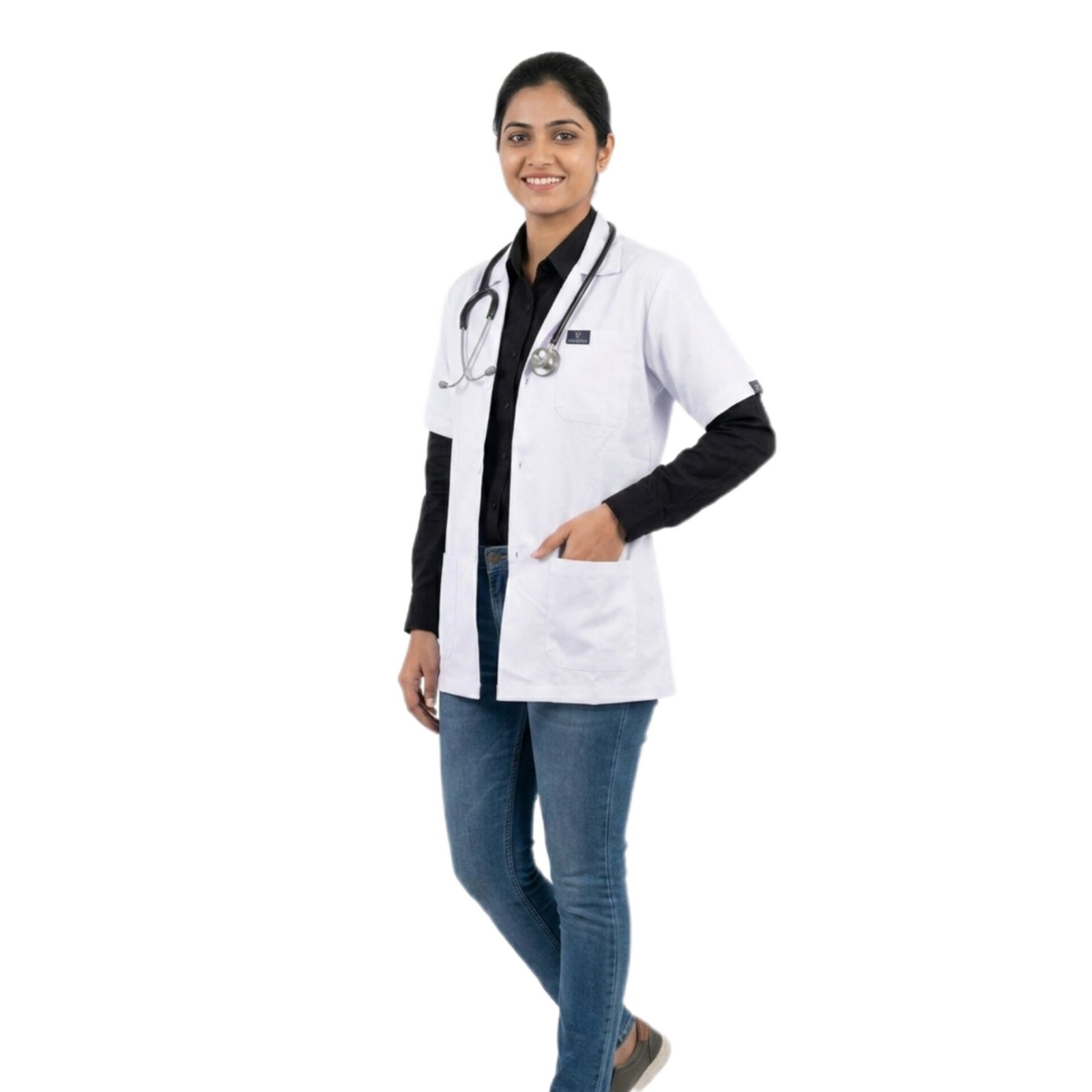 Women's Half Sleeve Medical Apron, White, Doctor Lab Coat with Front Pockets - Image 2