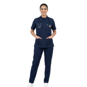 Classic Women's 5-Pocket Mandarin Collar Scrub Suit| Regular fit | Short Sleeves | For Doctors (Navy Blue)