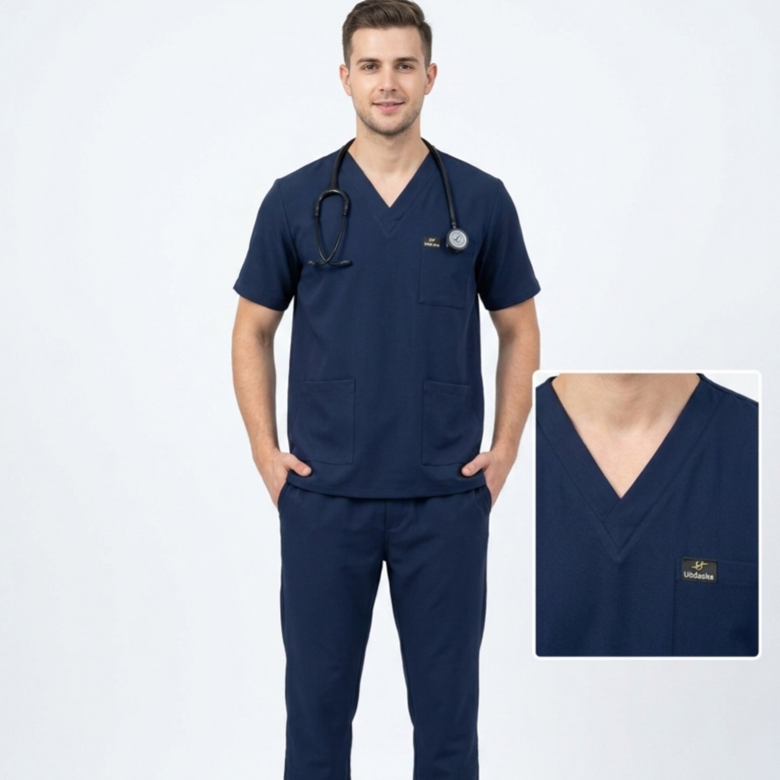 Scrub Suit for Men | 5 Pockets |V Neck Top| Short Sleeves| Navy Blue - Image 2
