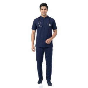 Men's Medical Scrub Suit ,Short Sleeve Top with Mandarin Collar and Trousers,navy Blue