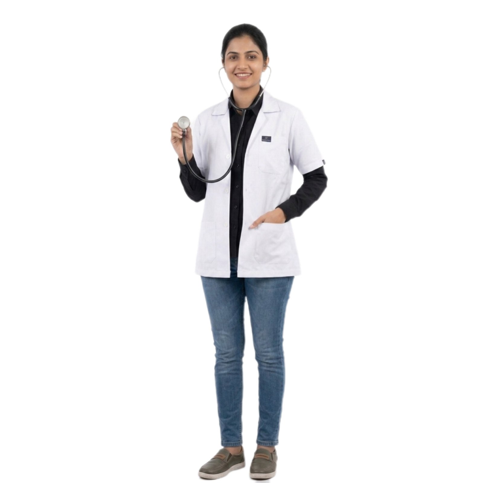 Women's Half Sleeve Medical Apron, White, Doctor Lab Coat with Front Pockets - Image 5